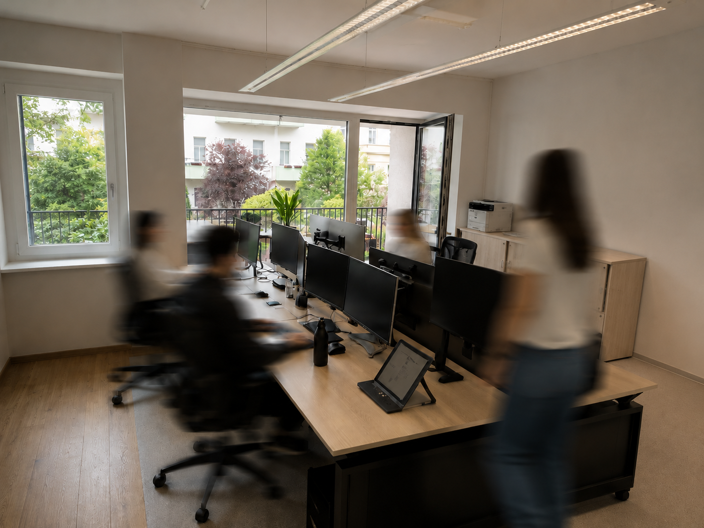 Sunlit Vienna office with team members at desks overlooking a green courtyard